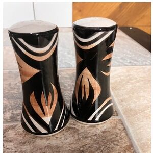 Monique Hand Painted Ceramic Salt and Pepper Shakers Black White Tan Tribal 4"